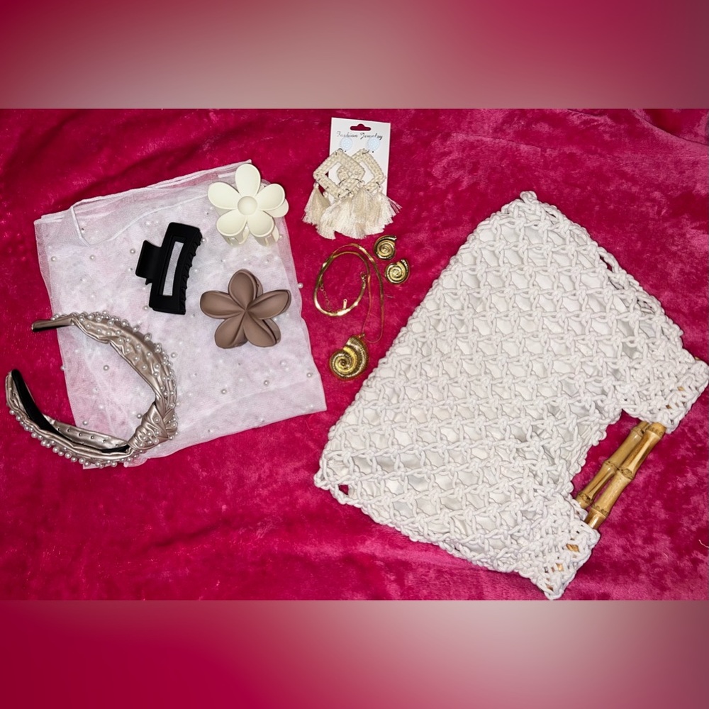 Womens beige handbag with accessories
